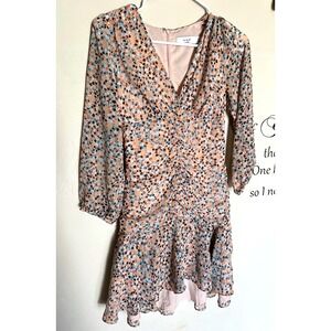Ali & Jay Los Angeles Ruched Ruffle Mini Dress Abstract Peach Teal Long Sleeve